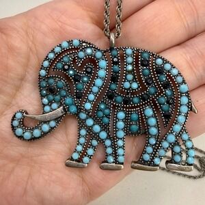 Elephant Pendant Necklace Rhinestone Long Length Blue Bold